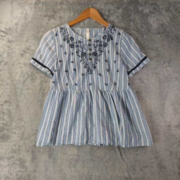 Boho Embroidered Peplum Blouse Women's XS Blue Striped Cotton Short Sleeves - Picture 1 of 10